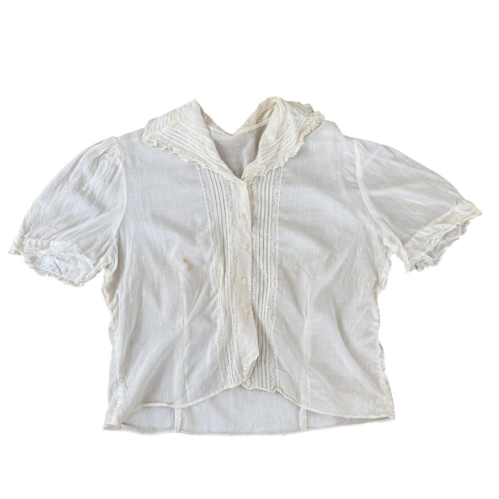 Antique Edwardian White Cotton Lawn Lace Lingerie Blouse Shirtwaist Small White